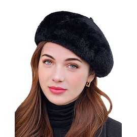 NLAND Women Vintage French Beret Classic Artist Painter Hat Solid Color Winter Beret Cap Mink Faux Fur Cozy Hat（Black，One Size）