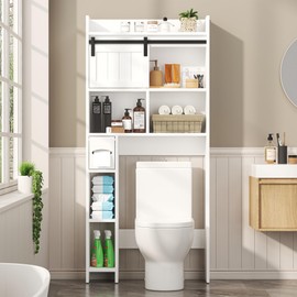 Nosepen White Over The Toilet Storage Cabinet, Above Toilet Shelf with Sliding Door & Toilet Paper Holder Stand, Behind Toilet Bathroom Organizer with Side Storage Rack for Bathroom, Restroom, White