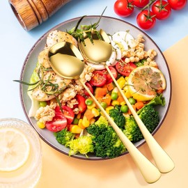 AKONE Salad Servers Stainless Steel Set of 4, Salad Servers Set with Fork and Spoons, 28 x 5.5 cm, Salad Spoon Serving Cutlery for Kitchen, Dining Room, Family Camping and Picnic (Gold)