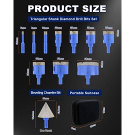 Diamond Tile Hole Saw Kit - 11Pcs 1/4'', 5/16'', 3/8", 4/5'', 1'', 1-1/8", 1-1/4", 1-3/8'', 1-3/4'', 2-1/2'' Drill Bits, 2'' Hex Shank Beveling Chamfer Bit for Porcelain Tile Ceramic Granite Marble