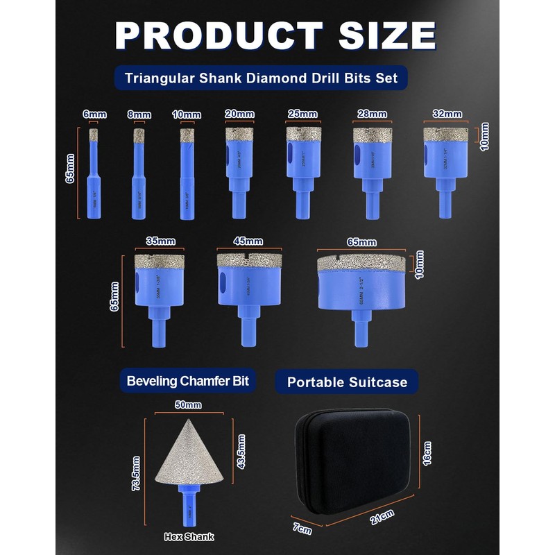 Diamond Tile Hole Saw Kit - 11Pcs 1/4'', 5/16'', 3/8",