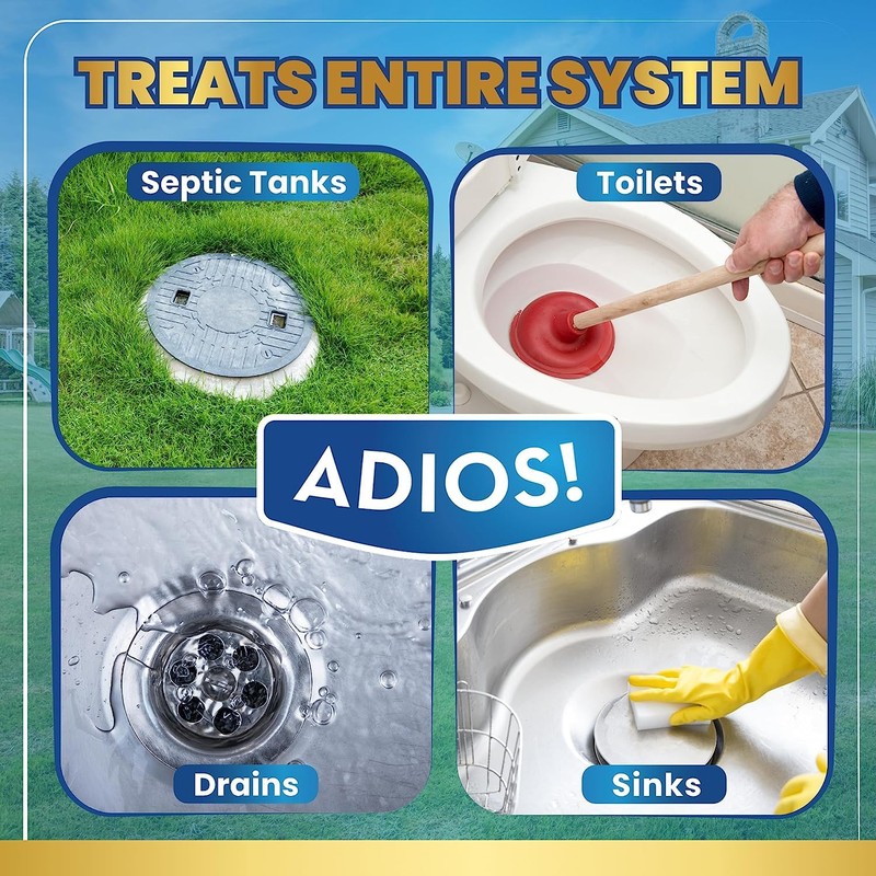Adios! Enzyme Septic Tank Treatment, Natural Drain Safe Cleaner for