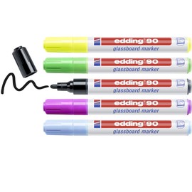 edding 90 Glasboardmarker Set - bunte Farben - 5 Glasboard Stifte - Rundspitze 2-3 mm - Fensterstift abwaschbar - zum Schreiben auf Glasoberflächen wie Fenster, Glasboards - trocken abwischbar