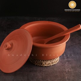 Swadeshi Blessings HandMade Exclusive Range Unglazed Earthen Kadai/Mud Handi/Mitti Ke Bartan/Clay Pot for Cooking & Serving with Lid(with Mirror Shine) + Free Palm Leaf Stand (4 Liters)