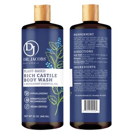 Dr. Jacobs Naturals Pure Castile Soap Liquid Body Wash, Peppermint - All Natural Soap Infused with Vitamin E and Aloe Vera to Moisturize Dry and Sensitive Skin - Made in the USA - 32 oz, Pack of 3