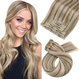 Moresoo Human Hair Extensions Real Hair Clip Blonde Highlighted 55 cm Full Head Remy Clip-In Extensions Real Hair Light Brown with Blonde Double Weft Extension Real Hair Clips 7 Wefts 120 g