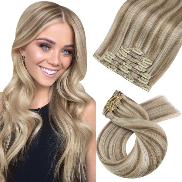 Moresoo Human Hair Extensions Real Hair Clip Blonde Highlighted 55