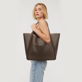 KKXIU Tote Bag for Women Vegan Leather Shoulder Purse Large Capacity Travel Bag, Khaki, Large