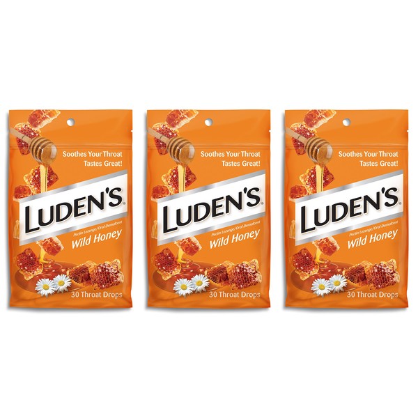 Luden's Wild Honey Cough Throat Drops | Pectin Lozenge/Oral Demulcent | 30-Count per pack | 3-Pack