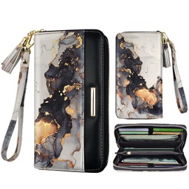 Coco Rossi Wallets for Women PU Leather Card Holder Organizer Ladies Clutch with Tassel Wristlet Wrist strap, Grey Marble, long purse, Casual