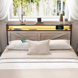 Halitaa Full Bed Frame Headboard, Platform Bed with Storage & LED Light, Headboard with 2 Outlets USB and Type C Port, Farmhouse Bed, Attach Frame, Easy to Assembly, Wash Grey