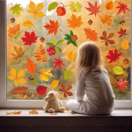 Fall Window Clings, 9 Sheets Autumn Maple Leaf Window Decals Clings for Glass Windows Thanksgiving Decorations