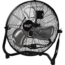 Comfort Zone Cradle Floor Fan, Electric, High-Velocity,180 Degree Adjustable Tilt, 14 inch, 3 Speed, Carry Handle, Rubber Feet, Metal, Airflow 21 ft/sec, Ideal for Garage or Workshop, CZHV14B
