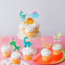 Keaziu Paquete de 48 adornos para cupcakes de dinosaurio, baby shower, lindo tema de dinosaurio, decoración de pasteles para fiesta de cumpleaños