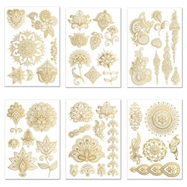 Nirbffo Datura Flower Tattoo Party Body Arm Art Fake Flash Tatoos Gold Metallic Tattoo Sticker Waterproof Temporary Tattoo Sticker Flowers Mandala Rose 6 Sheets