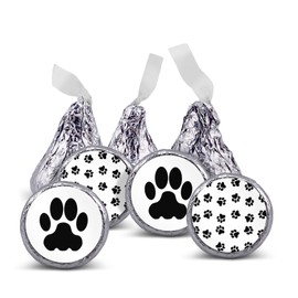 216 Cute Dog Paw Print birthday party or baby shower stickers, labels decorations, .75" round to fit hershey chocolate drop kisses, mints, and other candy.