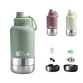sip&stash Multiuse Drink and Store Leak-Proof Double-Walled Insulated Airtight Water Bottles with Two Storage compartments Stainless Steel Pastel Colors 946 ml (Pistachio Green)