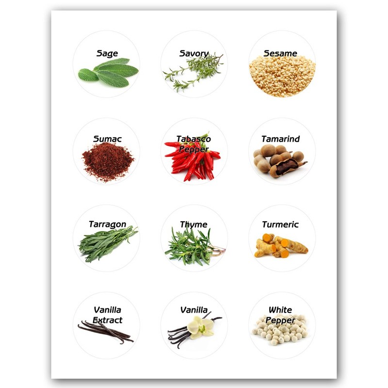 60 Spices Round Circle Jar Bottle Illustrated Stickers Labels
