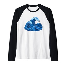 Quilted Ocean Wave Blue Patchwork Fabric Design Raglan Baseball Tee