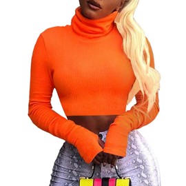 Artfish Women Long Sleeve Turtleneck Crop Tops Neon Ribbed Half Tight Cropped Sweaters Velma Costume Pullovers Pumpkin Orange,S