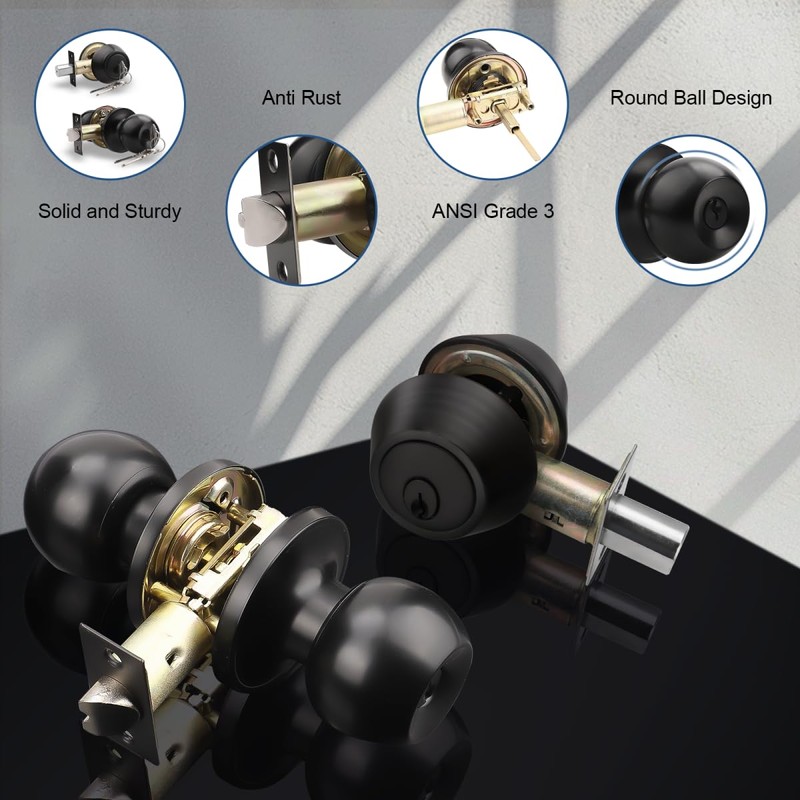 Knobonly Entry Door Knobs and Double Cylinder Deadbolt, Keyed Alike