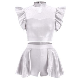 Women Two Piece Dance Outfit Shiny Metallic Dancewear Flutter Sleeve Crop Tops Skirted Shorts Set Ballet Ice Skating Jazz Hip Hop Stage Performance Festival Rave Outfits Party Cosplay Silver XL
