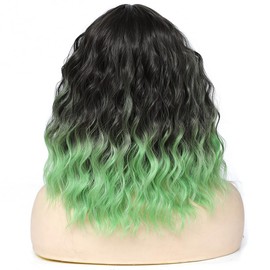 Luxiremi Ombre Green Natural Short Hair Wigs 35 cm Adjustable Middle Part Lace Front Curly Wavy Wigs for Women Daily Carnival