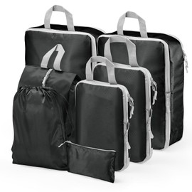 Compression Packing Cubes 7-teiliges Set mit Multi-Fach-Reisetasche, wasserdichte Koffer-Organizer-Taschen, Reiseverpackungswürfel für Koffer, Verpackung & Aufbewahrung für Gepäck (Schwarz)