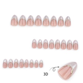 24 Pcs French Tip Press on Nails Short Almond Fake Nails with 3D Gold French Line Designs Glue on Nails Full Cover Glossy Acrylic Nails Stick on Nails for Women and Girl Nail Decoration