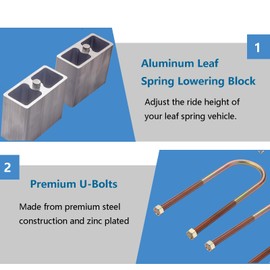 Universal Leaf Spring Lowering Block Kit, 3 Inch, 2-1/2" Wide, 5" Long, Zinc-Plated U-Bolts, Premium Steel Construction for Long-Lasting Finish