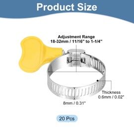 sourcing map 20Pcs Stainless Steel Hose Clamps Worm Gear Hose Clamp, 18-32mm(11/16" to 1-1/4") Adjustable Thumb Screw Key Type Clamps Fuel Line Clamps 8mm Bandwidth for Plumbing, Yellow