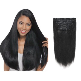 Lacer Yaki Straight Clip in Hair Extensions, Jet Black Yaki Human Hair Clip ins 20 inch 7 Pieces Per Set 120 Gram For Black Women with Relaxed Hair