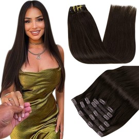 RUNATURE Brown Clip in Hair Extensions Human Hair Dark Brown Clip in Hair Extensions Real Human Hair Brown Clip in Extensions Human Hair 12 Inch 80 Gram 7PCS