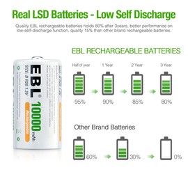 EBL EBL Rechargeable D Batteries, 10000mAh Ni-MH High Capacity D Cell Battery New Retail Package, Pack of 4