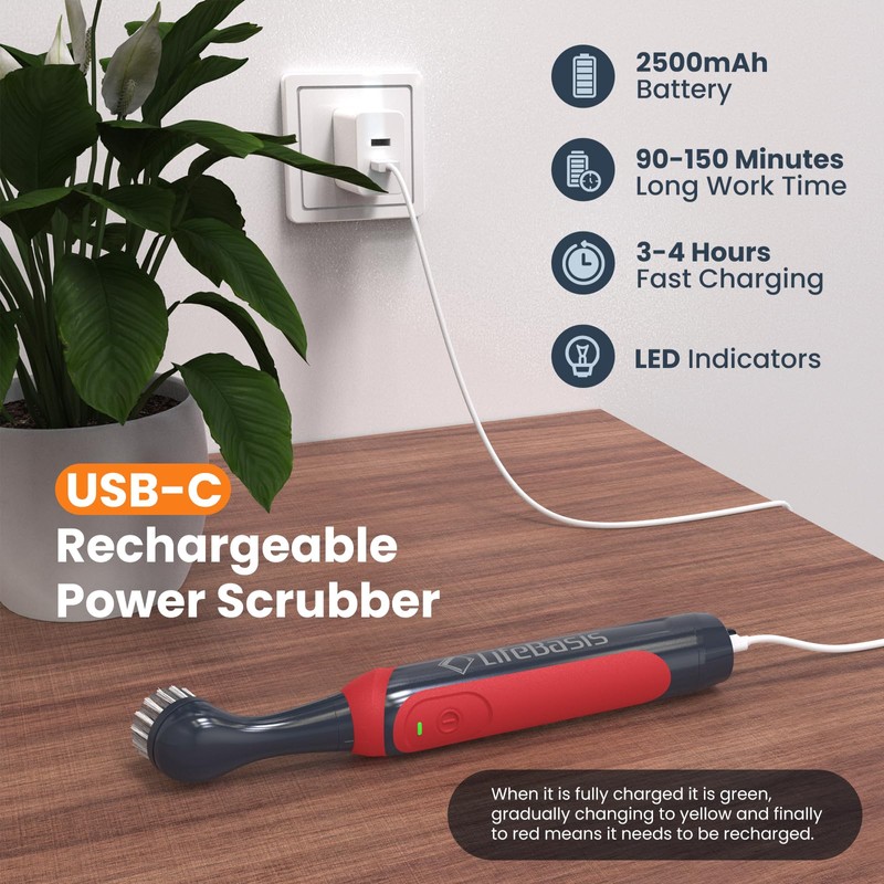 LifeBasis Rechargeable Power Scrubber, Cordless Electric Cleaning Brush, Water Resistant