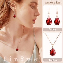 Linawe Ruby Crystal Wedding Jewelry Sets Rose Gold, Garnet Imitation Diamond Pendant Necklace Set, Boho Drop Dangle Red Earring Set, Teardrop Rhinestone Birthstone Matching Jewelry for Women