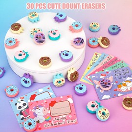 30 PCS Valentines Cards for Kids School with Donut Erasers, Kids Valentine Party Favor, Valentine's Day Classroom Prizes, Ideal Valentine Exchange Gift