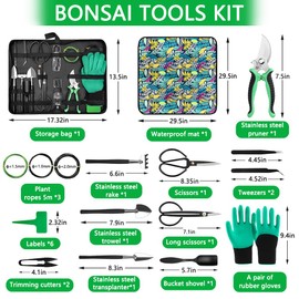 Bonfino Bonsai Tree Kit, 22 Pcs Bonsai Tools Kit for Beginners, Gardening Succulent Tools Set, 29.5"x29.5" Plant Repotting Mat, Scissors, Pruning Shears, Wires, Gardening Gift for Women Men