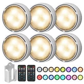 Onumii LED Puck Lights Battery Operated LED Under Cabinet Lighting Wireless Stick on Tap Lights with Remote Controll Color Changing Timer Function for Cabinets, Shelves, Closets - 6Pack White
