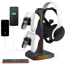 Meiboshin RGB Headphone Stand for Desk - Controller Stand & Gaming Headset Holder with USB & Type-C Ports, Rotatable Earphone Stand & Detachable Controller Holder for Gaming Accessories Storage(Black)