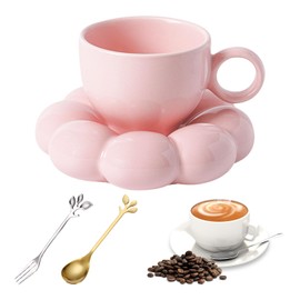 250 ml Coffee Cups Set with Saucer: Flowers Cappuccino Cups Ceramic Coffee Cups, Espresso Cups Set with Coasters and Forks and Spoons, Espresso Cups for Tea, Coffee, Cappuccino