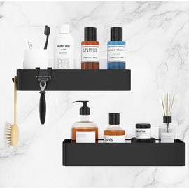 wakouter Shower Caddies 2 Pack, No Drill Bathroom Shower Organizers, with 4 Adjustable Hooks, Rustproof Bathroom Shelf, No-Drill Installation, for Home Decor (Black