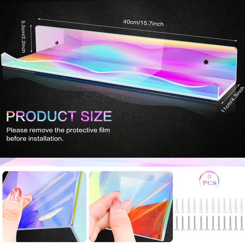 6 Packs Iridescent Clear Acrylic Floating Shelves, DILIBRA 15.7 Inch