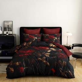CCoutueChen Queen Size Comforter Set - 3 Pieces Red Roses Pattern Vintage Floral Bedding for Adult Women Black Flower Decor Comforter Set with 2 Pillowcases/90 * 90