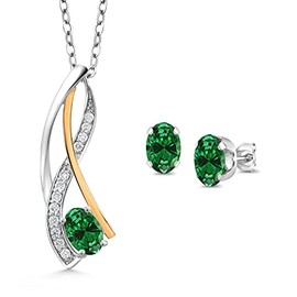 Gem Stone King Oval Gemstone Birthstone and Lab Grown Diamond Pendant Necklace Earrings Set for Women | 925 Silver and 10K Yellow Gold | Oval 6X4MM | With 18 Inch Chain