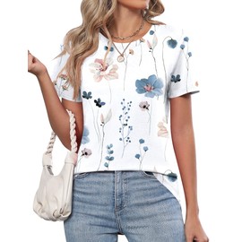 TCOT Womens T Shirts Summer Short Sleeve Crew Neck Tunic Tops to Wear with Leggings White Floral Cute Clothes XL