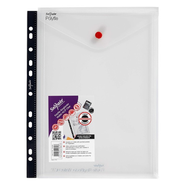 Snopake A4 High Capacity Polyfile RingBinder Popper Wallet, Portrait – Clear [Pack of 5] Ref: 15749