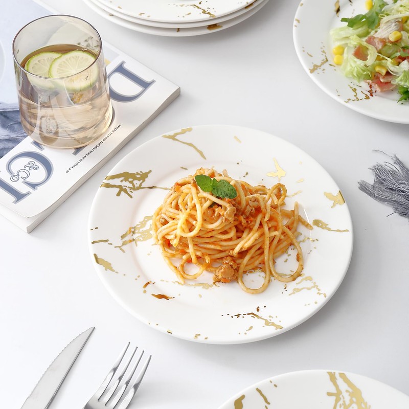 Loymokinar Modern 6-Piece Dinner Plate Set, 10-Inch White Marble Ceramic