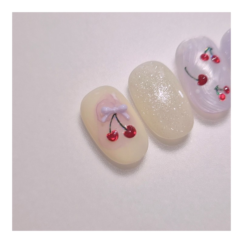 Handmade Nail Tips Cherry Berry - Round Short / 수제네일팁체리베리