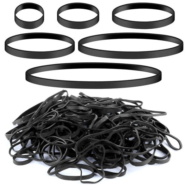 Pack of 180 Rubber Bands, Black, 6 Sizes, Wide Thick